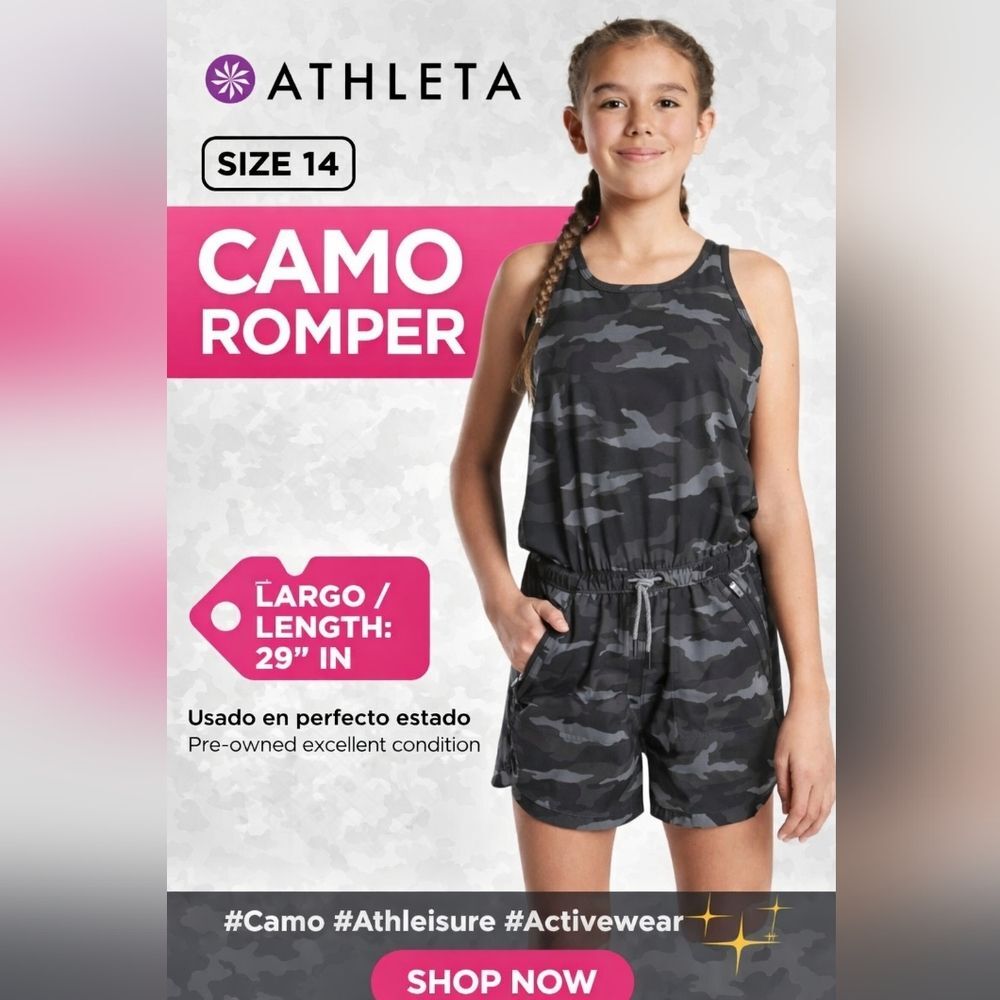 Athleta Girls Camo Romper Size 14 Black Gray Athletic One Piece Shorts.